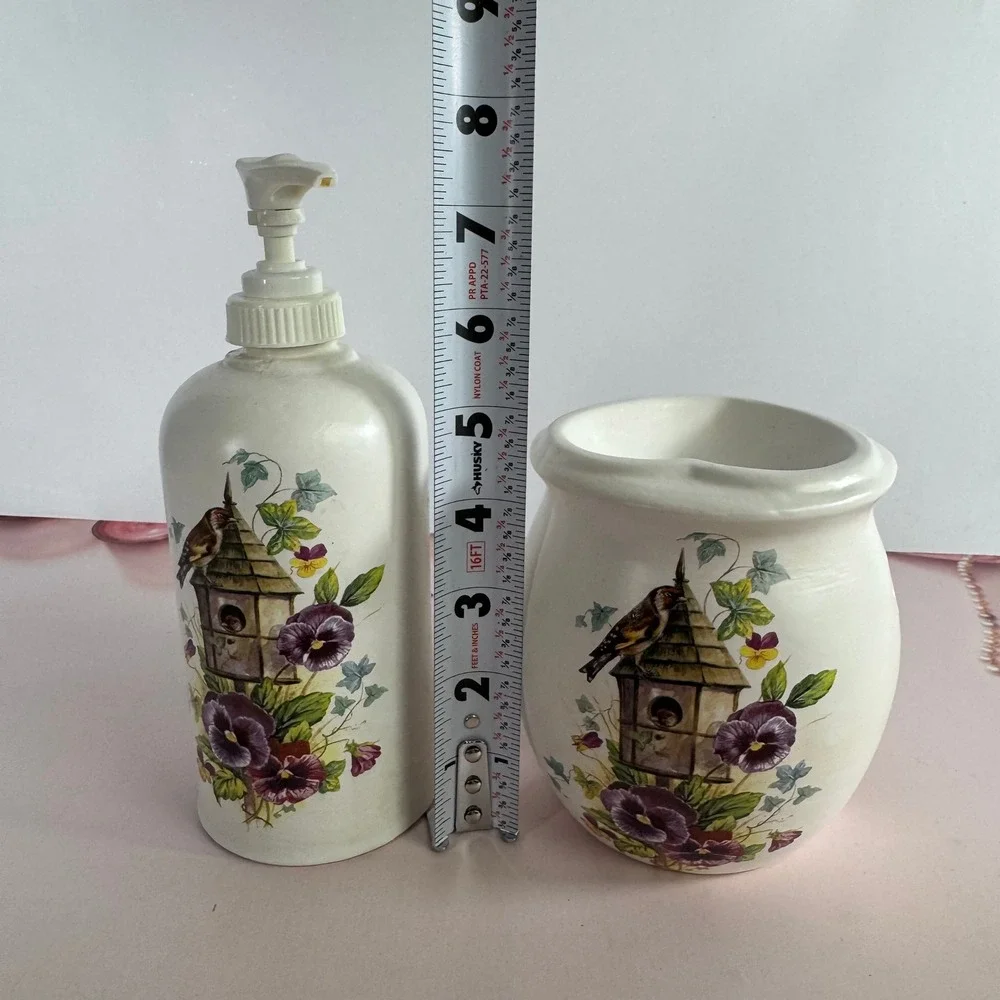 Vintage Birdhouse Pansy Ceramic Soap Dispenser and Heart Wax Warmer Set White